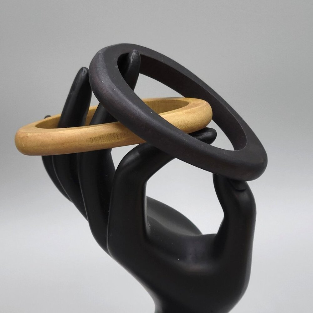 Set of 2 Wooden Bangle Bracelets Black Tan Oval Shape Vintage Fits Up To 7 1/4"